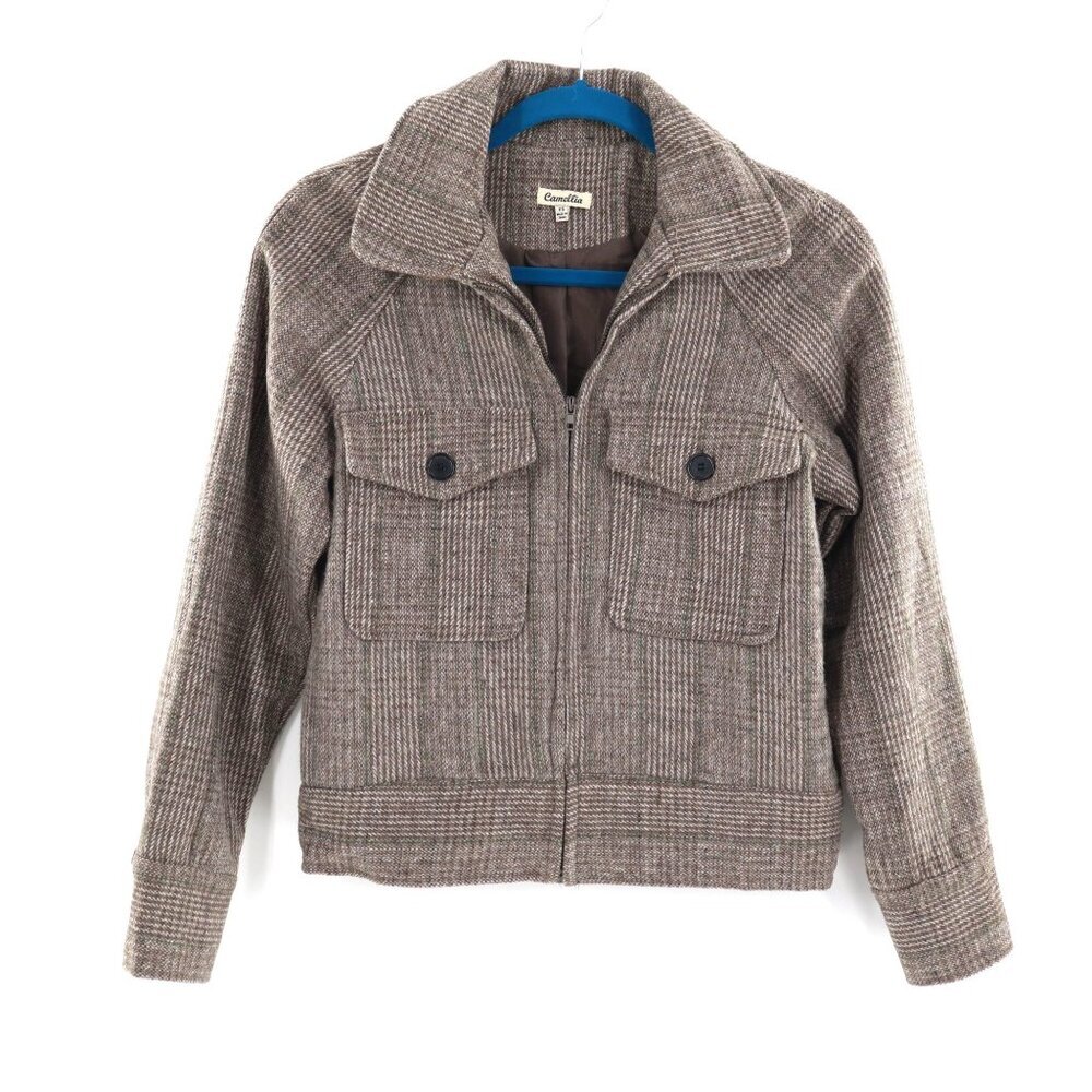 Camellia Plaid Tweed Wool Jacket Women's XS Brown Academia Classic Casual Winter